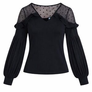 CeCe Women's Small Black Polyester Top - Lace Yoke, Long Sleeve